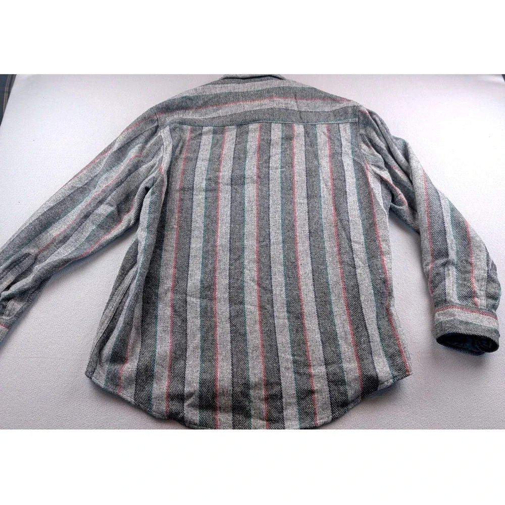 Fieldmaster Mens Wool Blend Striped Flannel Shirt Gray Red Green Large Vintage